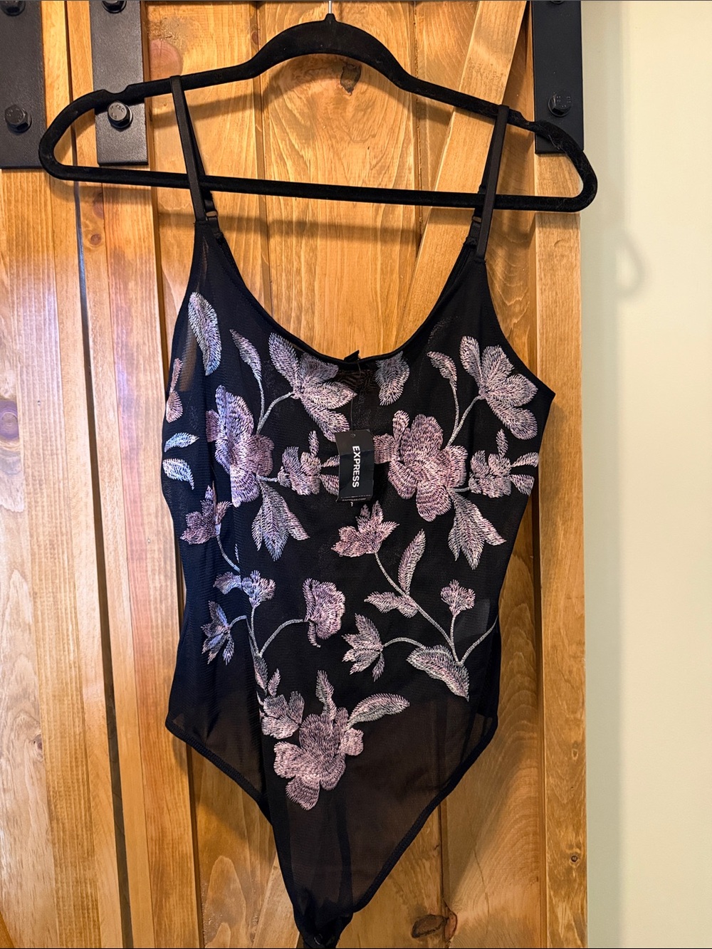 Express Black Sheer Bodysuit with Lavender Floral Embroidery